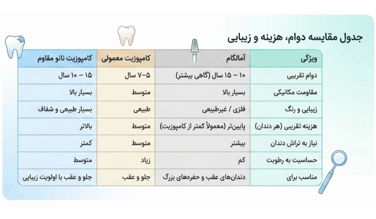 جدول مقایسه دوام و هزینه پر کردن دندان